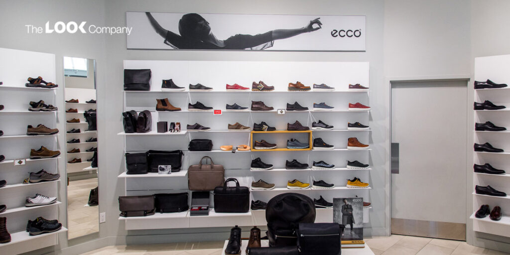ecco shoe display incorporating different fashion retail solutions and displays.