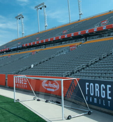 An empty sports stadium with rows of grey seats, a green field, and a soccer goal, featuring Forge FC Hamilton branding under a blue sky.