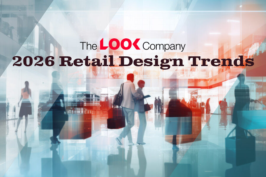 Text: 2026 Retail Design Trends by The LOOK Company, set against an abstract image of people in a modern retail environment.