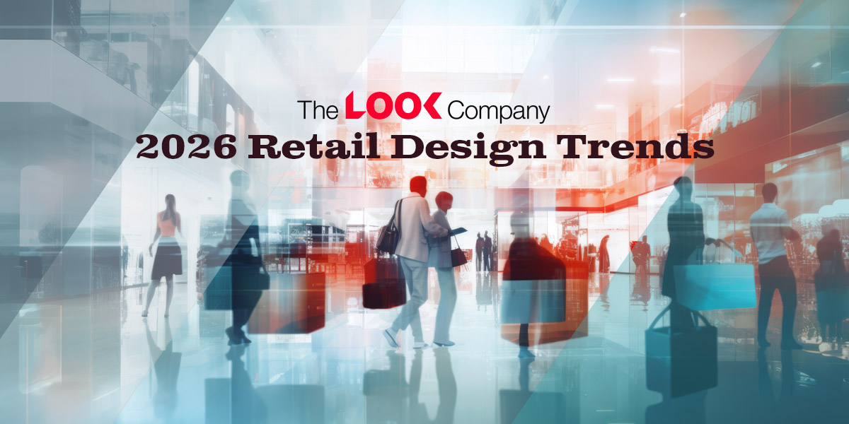 Text: 2026 Retail Design Trends by The LOOK Company, set against an abstract image of people in a modern retail environment.