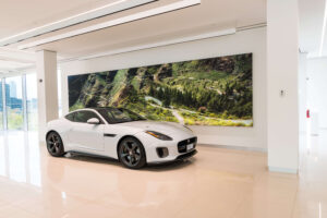 A white Jaguar F-Type car is displayed in a modern showroom with a large mural of a winding mountain road behind it.