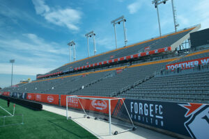 "An empty soccer stadium shows a goal on green turf, tiered seating, and ""Forge FC Hamilton"" banners under a blue sky."