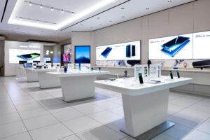 "A modern Samsung store interior featuring white display tables with Galaxy phones and devices, alongside large illuminated advertising screens."