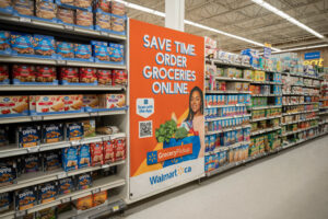 A Walmart grocery aisle with a prominent orange sign advertising online grocery pickup.
