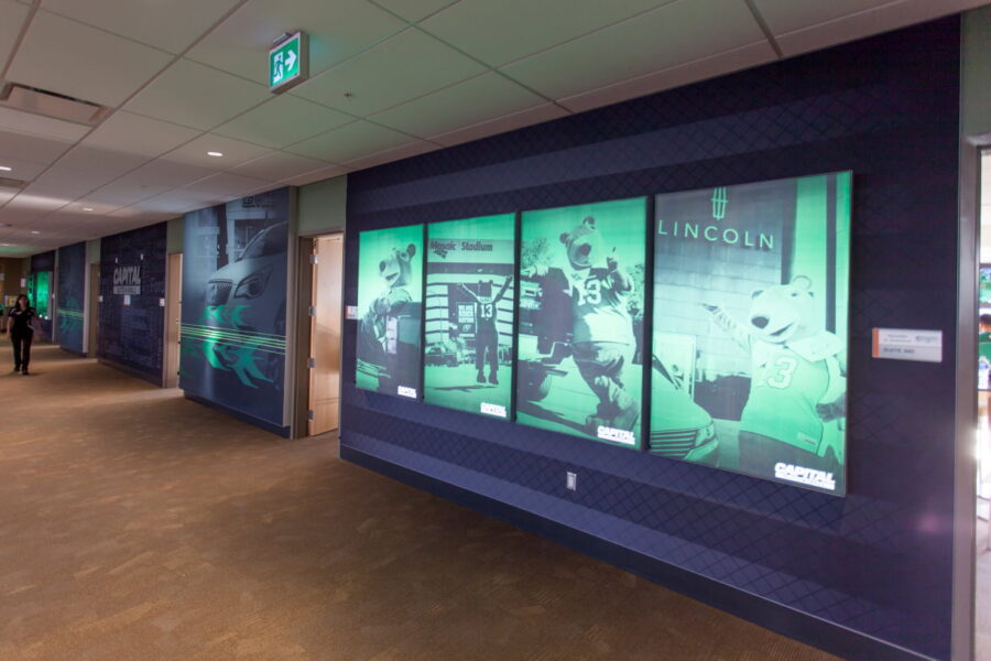 A long hallway features large green-tinted wall murals depicting a bear mascot, various cars, and sports/auto dealership branding.