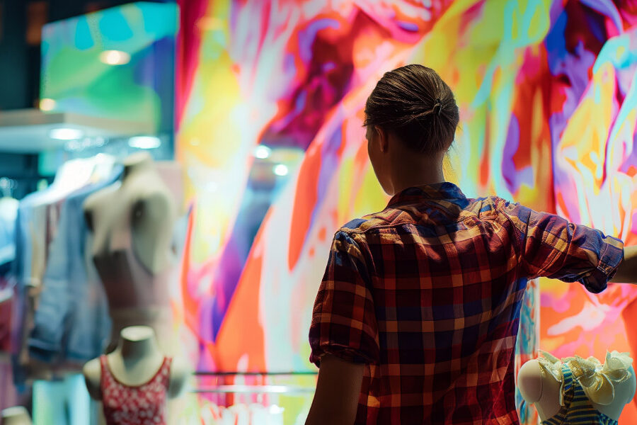 A person in a plaid shirt, seen from behind, looks into a store window featuring a vibrant, abstract colorful display and blurry mannequins.