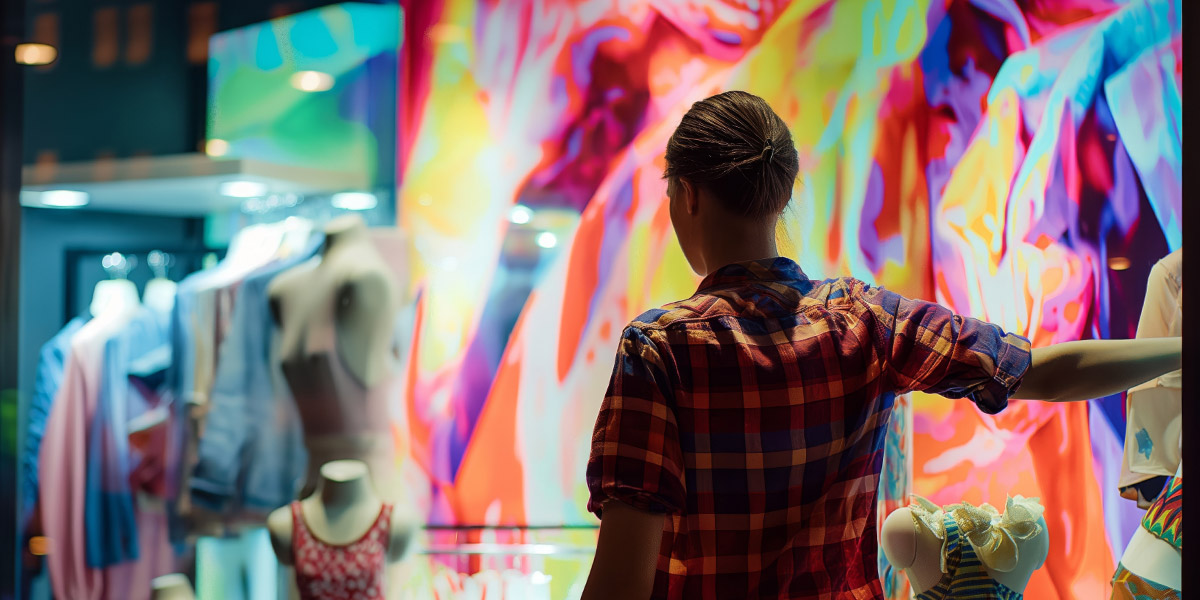 A person in a plaid shirt, seen from behind, looks into a store window featuring a vibrant, abstract colorful display and blurry mannequins.