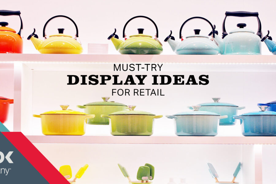 A retail display features colorful tea kettles and cooking pots on white shelves, with the text ""MUST-TRY DISPLAY IDEAS FOR RETAIL.""
