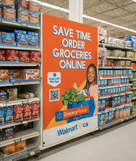A large orange Walmart sign promoting online grocery ordering and pickup, featuring a smiling woman and QR code, stands in a supermarket aisle filled with food items.