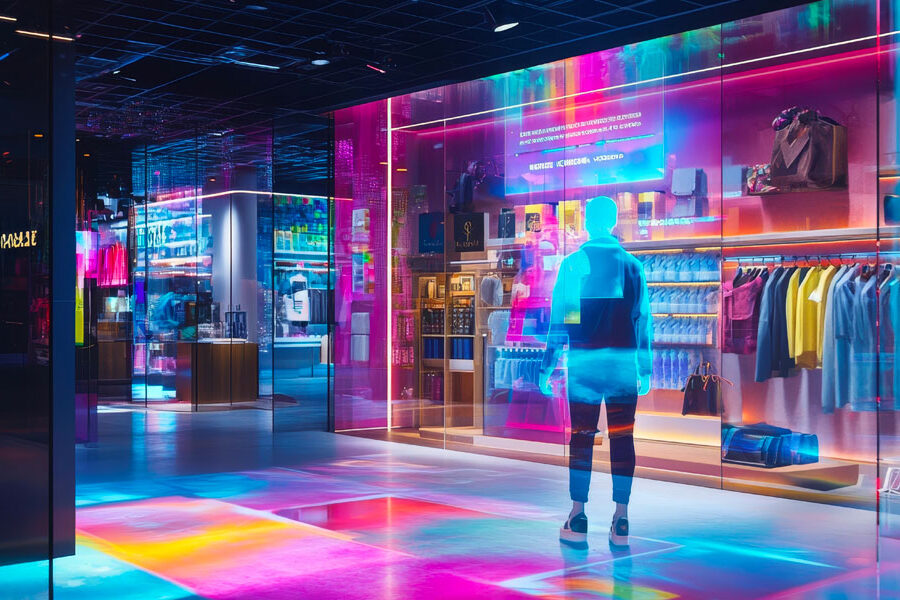 A futuristic retail interior bathed in vibrant neon lights, showcasing clothes and a translucent, glowing blue figure.