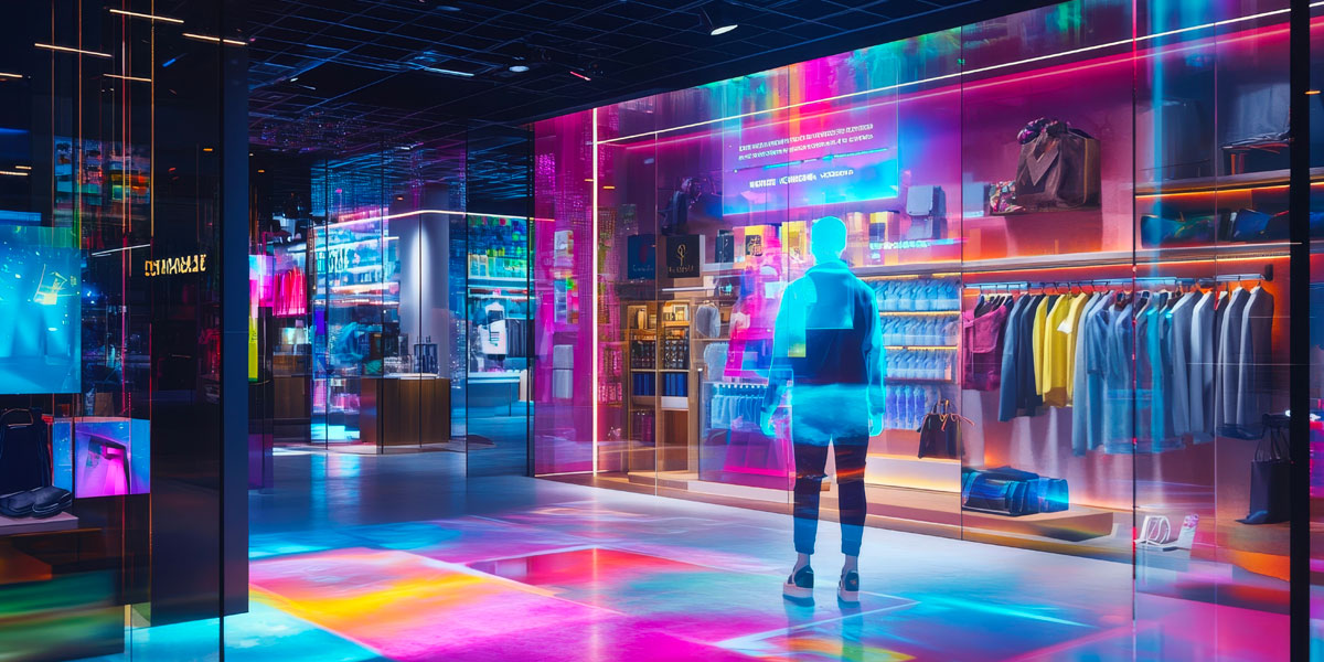 A futuristic retail interior bathed in vibrant neon lights, showcasing clothes and a translucent, glowing blue figure.