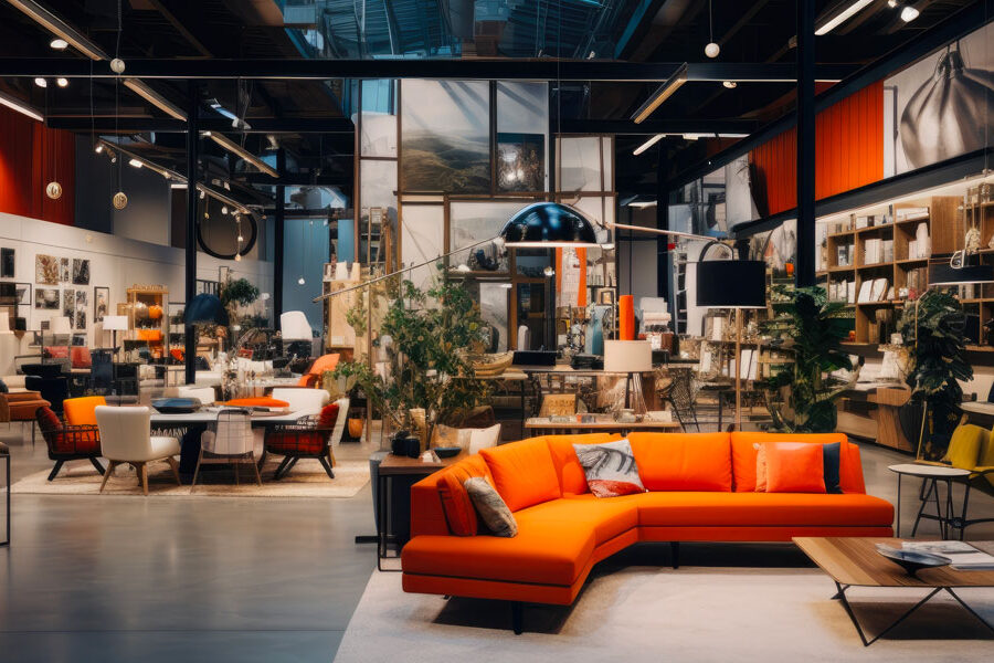 A bright, modern furniture showroom features an orange sectional sofa in the foreground, surrounded by styled living and dining areas with various furnishings and decor.