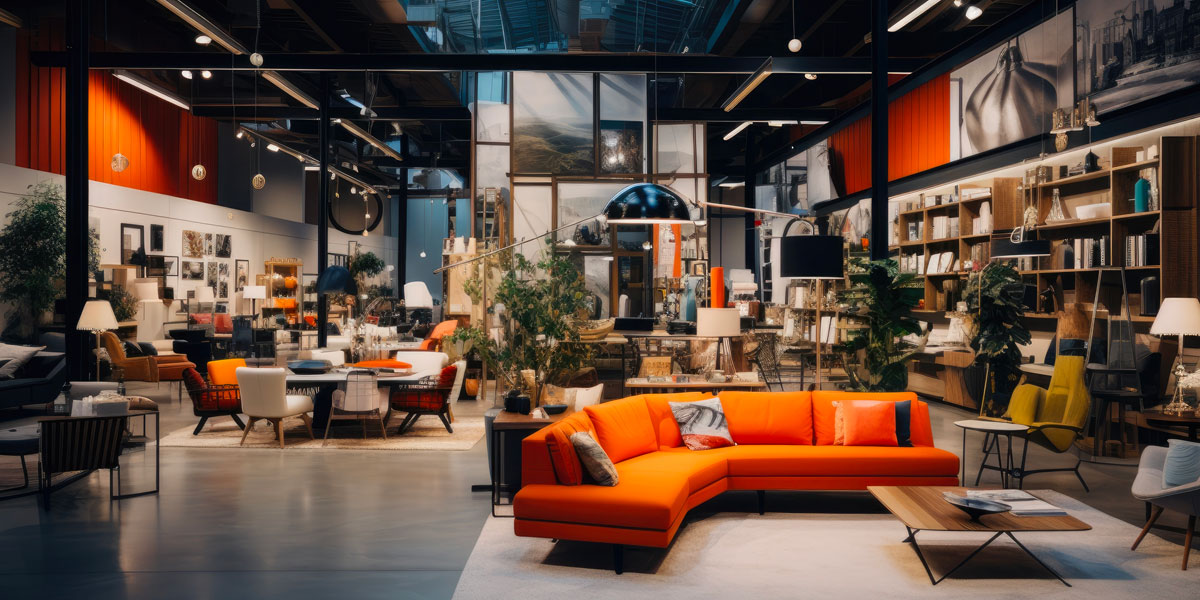 A bright, modern furniture showroom features an orange sectional sofa in the foreground, surrounded by styled living and dining areas with various furnishings and decor.