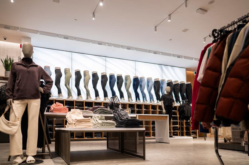 Interior of a modern activewear store featuring mannequins displaying colorful leggings, folded apparel on tables, and clothes racks.