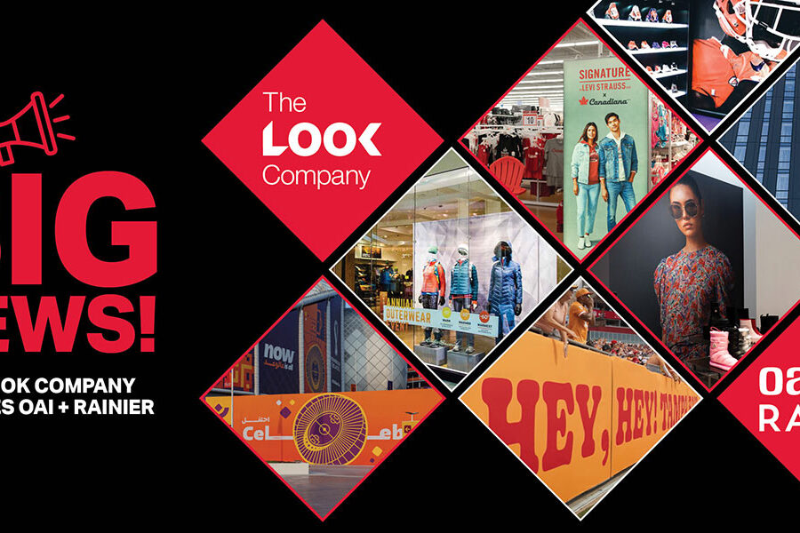 BIG NEWS! The Look Company acquires OAI + Rainier, illustrated with a collage of retail displays, outdoor advertising, and large-format graphics.
