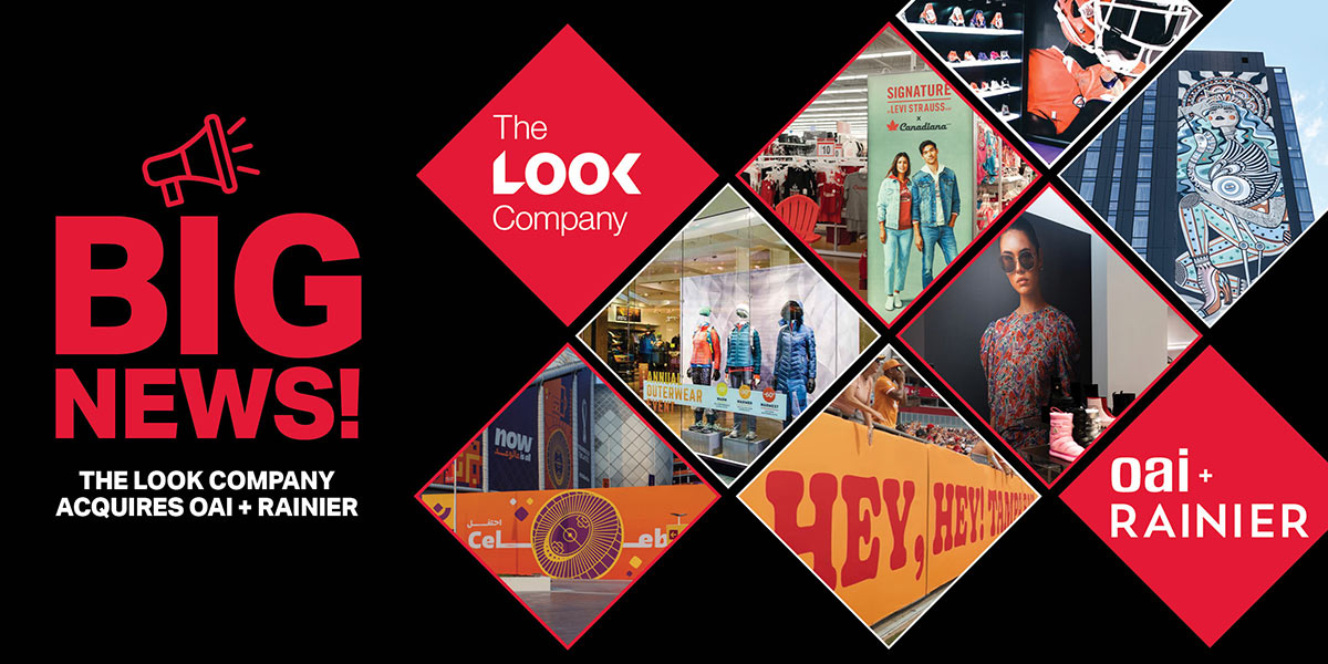 BIG NEWS! The Look Company acquires OAI + Rainier, illustrated with a collage of retail displays, outdoor advertising, and large-format graphics.