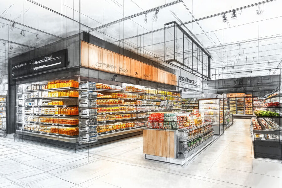Architectural sketch of a modern supermarket interior with partially colored shelves of products.