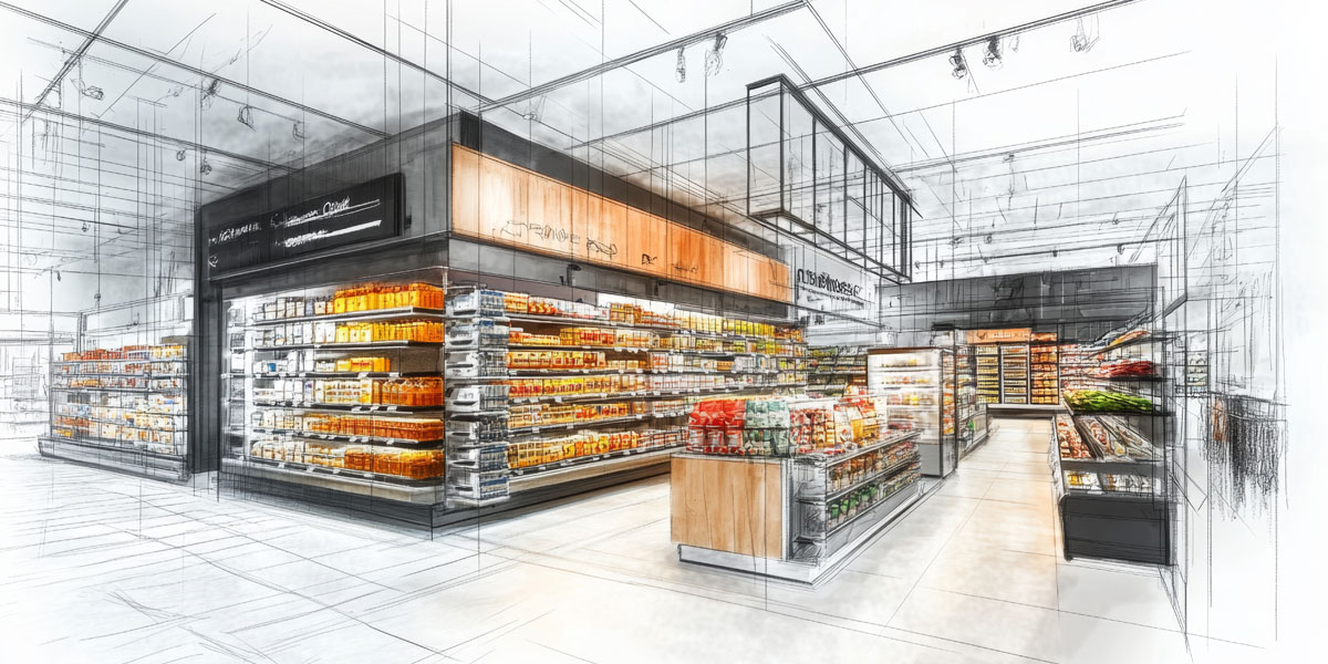 Architectural sketch of a modern supermarket interior with partially colored shelves of products.