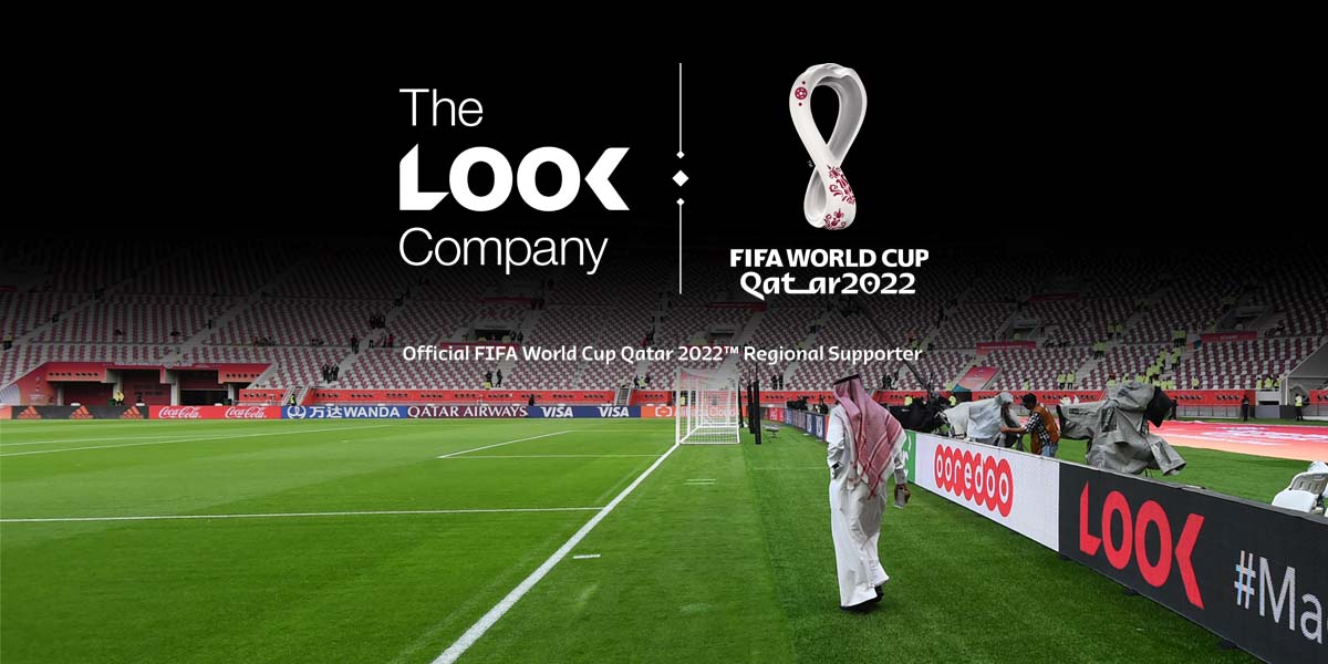 A graphic announcing The LOOK Company as an Official Regional Supporter for the FIFA World Cup Qatar 2022, set against a football stadium background.