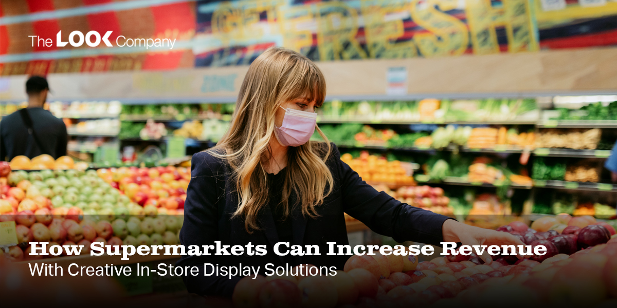 How Supermarkets Can Increase Revenue With Creative In-Store Display Solutions, featuring a woman in a mask selecting produce in a grocery store.