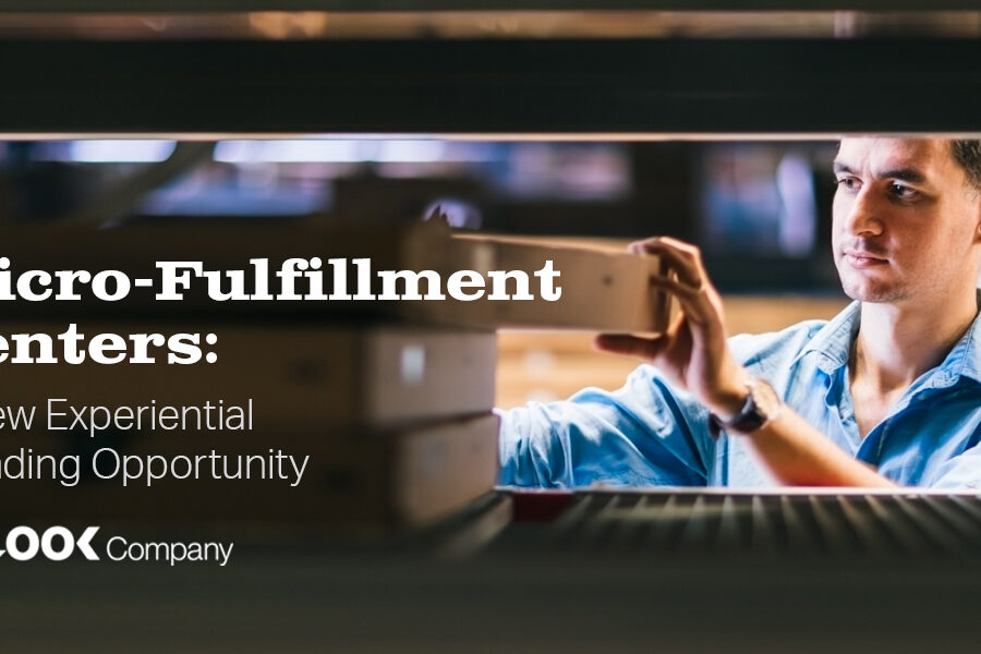 A man in a blue shirt places a box on a shelf in a fulfillment center, with overlaid text reading ""Micro-Fulfillment Centers: A New Experiential Branding Opportunity"" and ""The LOOK Company"".