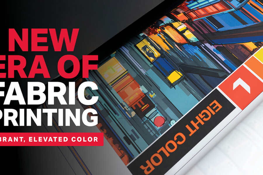 A roll of fabric featuring a vibrant, abstract print, overlaid with text reading ""NEW ERA OF FABRIC PRINTING"" and ""VIBRANT, ELEVATED COLOR"".