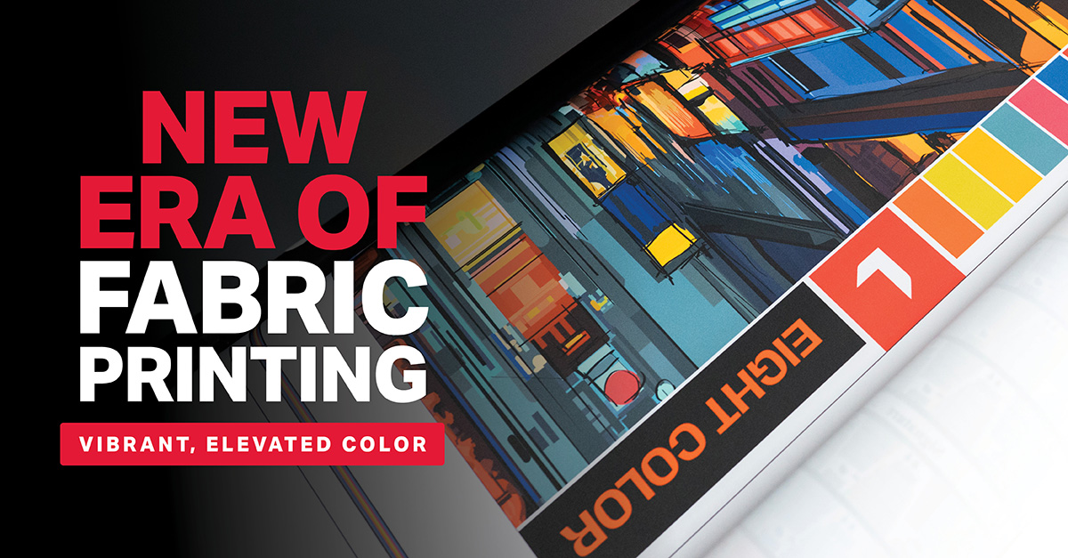 A roll of fabric featuring a vibrant, abstract print, overlaid with text reading ""NEW ERA OF FABRIC PRINTING"" and ""VIBRANT, ELEVATED COLOR"".