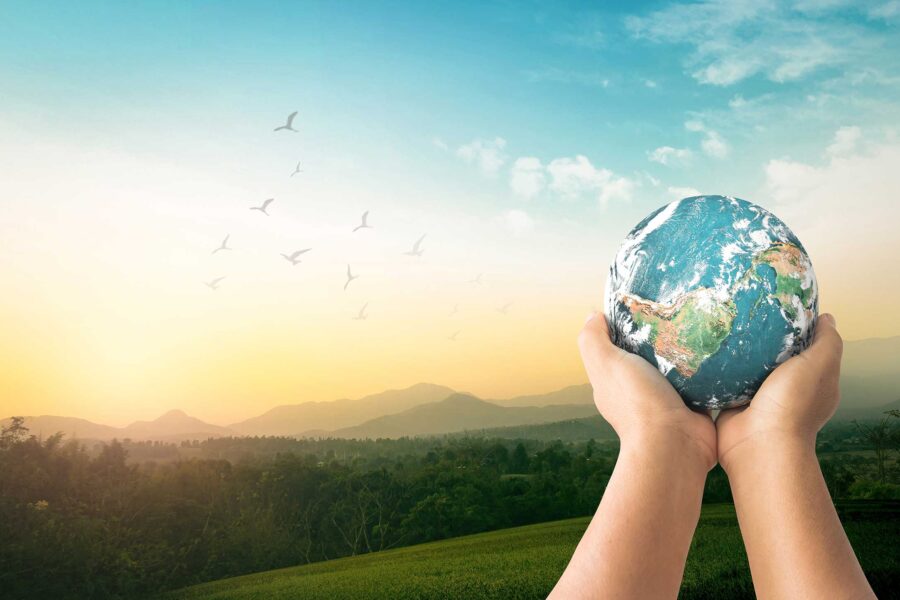 A pair of hands gently cradles the Earth above a lush landscape with mountains and trees under a gradient sky with flying birds.