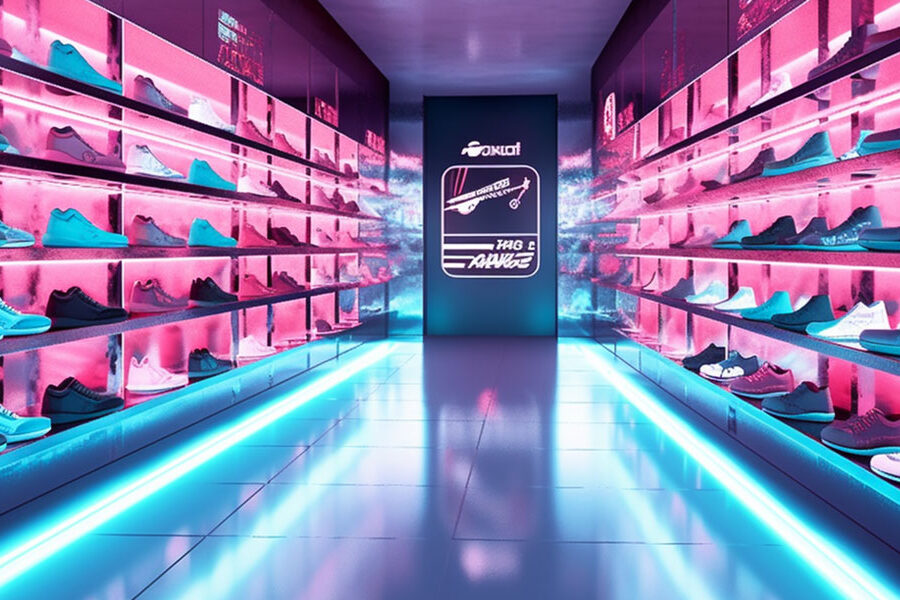 A vibrant, futuristic sneaker store with pink-lit shelves displaying shoes, a blue-lit floor, and a central glowing logo panel.