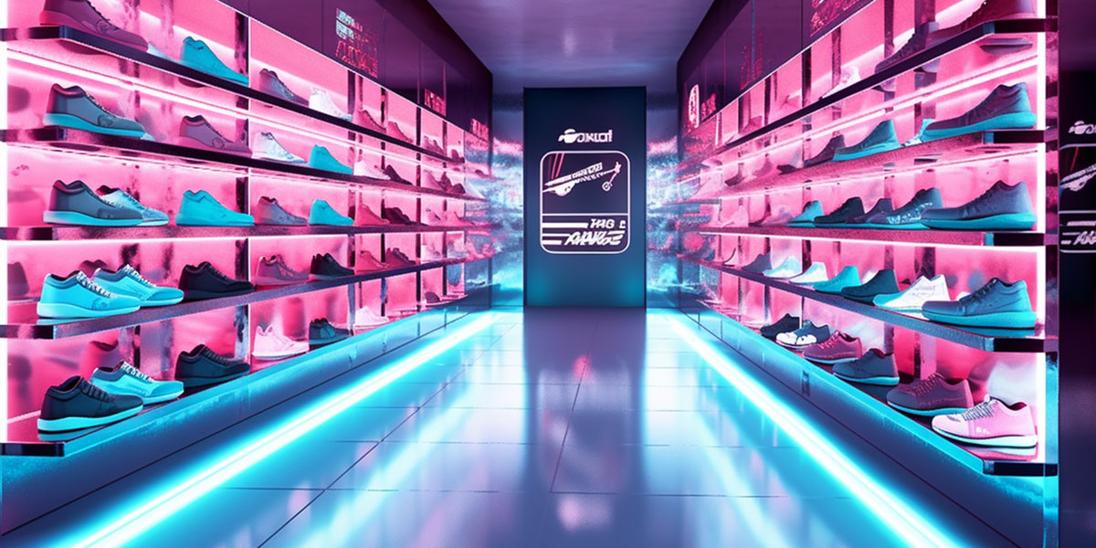 A vibrant, futuristic sneaker store with pink-lit shelves displaying shoes, a blue-lit floor, and a central glowing logo panel. 2024 retail trends.