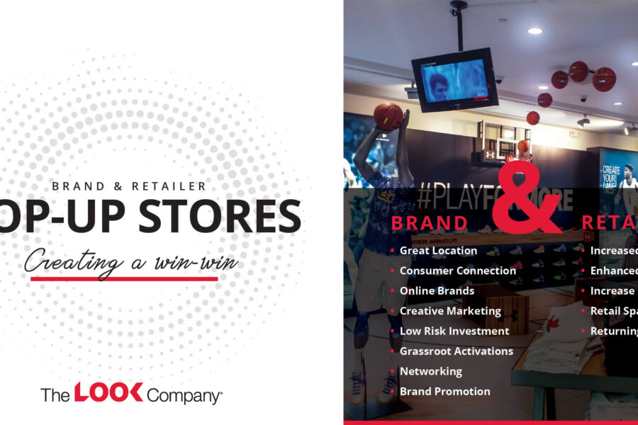 A marketing slide promoting pop-up stores as a win-win for brands and retailers, featuring an Under Armour basketball-themed store.