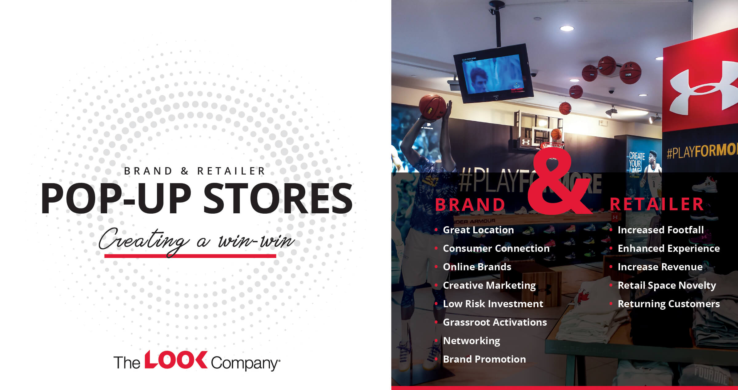 A marketing slide promoting pop-up stores as a win-win for brands and retailers, featuring an Under Armour basketball-themed store.