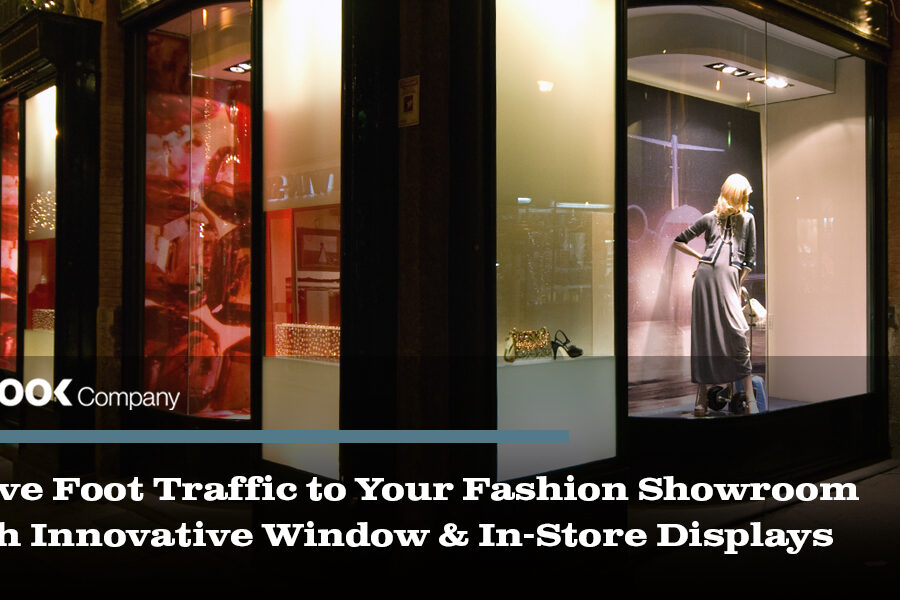 A fashion store's brightly lit windows at night, showcasing innovative displays to attract shoppers.