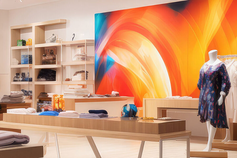 A modern retail store interior with a large, colorful abstract art display on the back wall, featuring clothes on mannequins and items on shelves and tables.