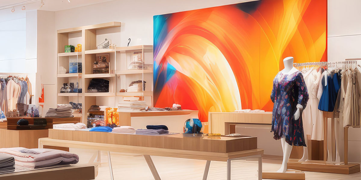 A modern retail store interior with a large, colorful abstract art display on the back wall, featuring clothes on mannequins and items on shelves and tables.