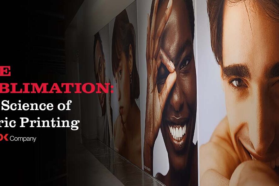 Text ""DYE SUBLIMATION: The Science of Fabric Printing"" next to three vivid, large-scale fabric prints of diverse faces.
