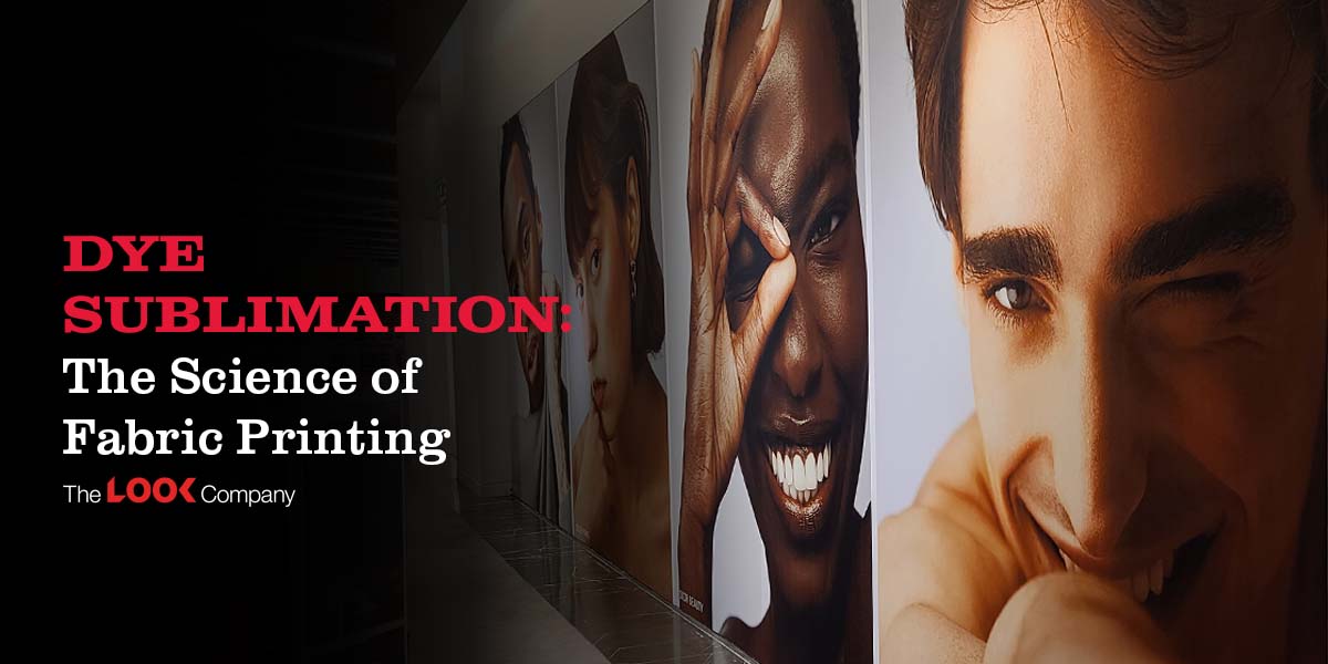Text ""DYE SUBLIMATION: The Science of Fabric Printing"" next to three vivid, large-scale fabric prints of diverse faces.