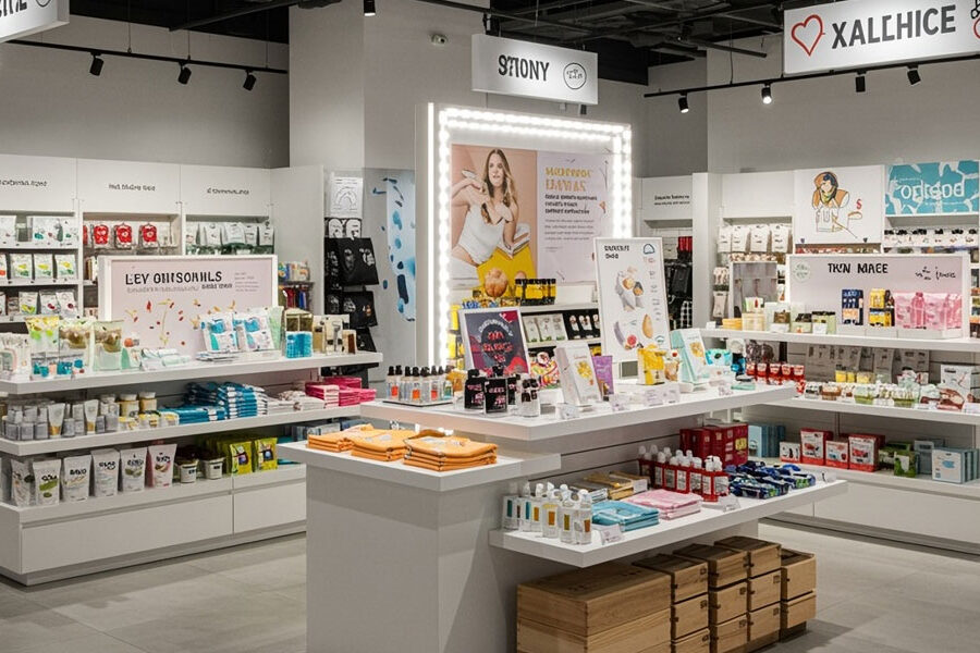 A brightly lit, modern retail store interior filled with various packaged products displayed on white shelves and stands.