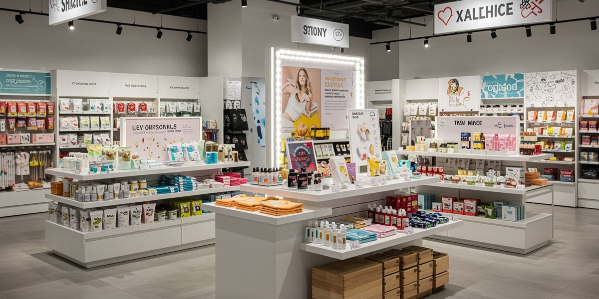 A brightly lit, modern retail store interior filled with various packaged products displayed on white shelves and stands.