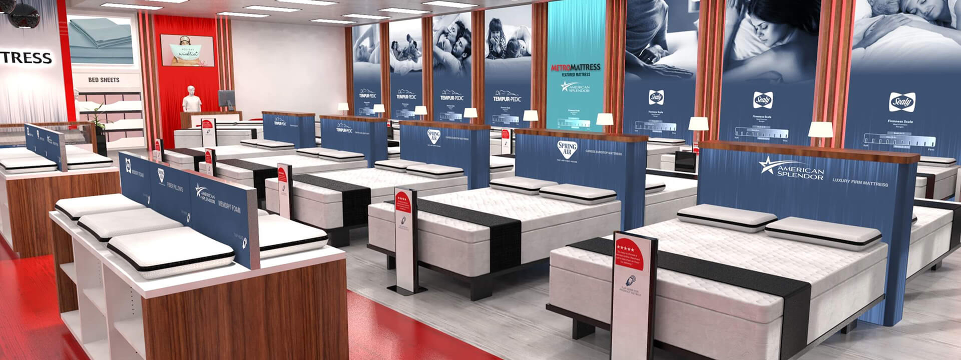 A modern mattress store showroom with multiple beds on display, featuring large promotional banners for various mattress brands.