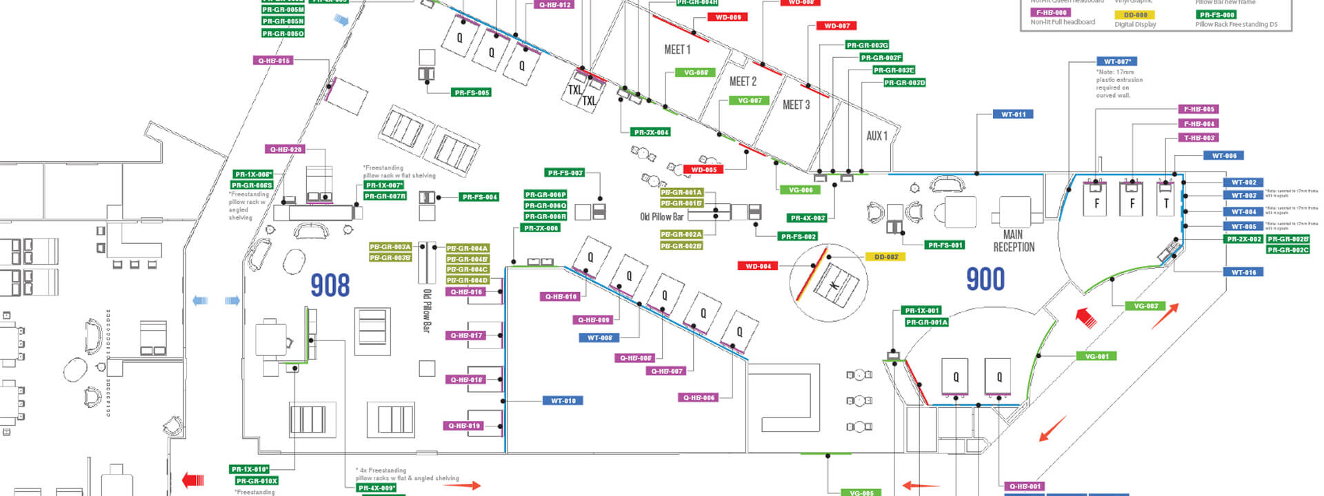 A floor plan displaying the layout of a commercial space, featuring color-coded sections, item placements, and alphanumeric labels.