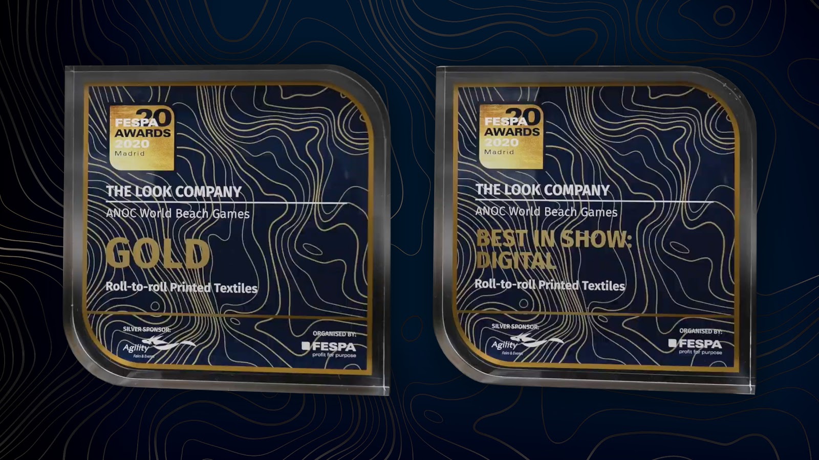 "Two FESPA Awards 2020 trophies, Gold and Best in Show: Digital, awarded to The Look Company for Roll-to-roll Printed Textiles."