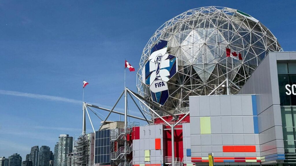 Science World Dome turned "The Beautiful Dome" being installed for FIFA World Cup 2026.